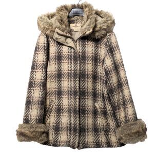 WOOLRICH Wool Plaid Faux Fur Trim Hooded Coat XL